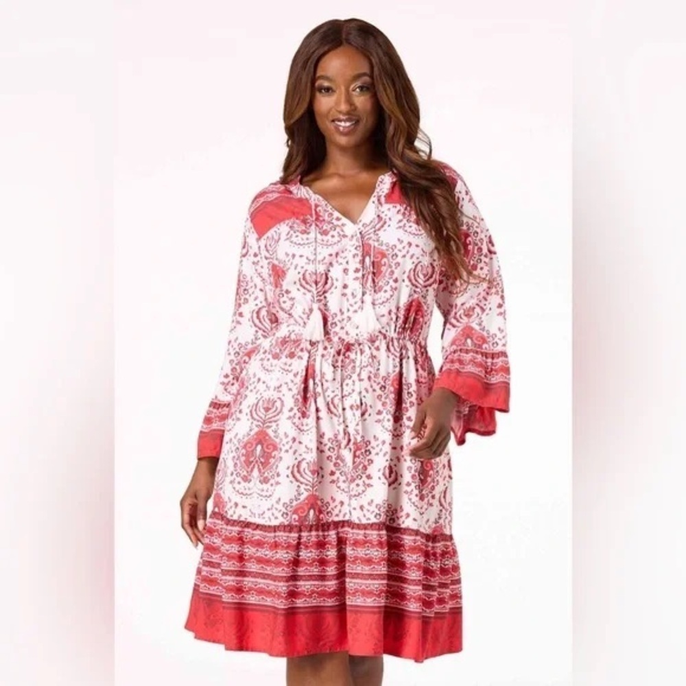 PLUS SIZE BELL SLEEVE SHIRT DRESS RACING RED
